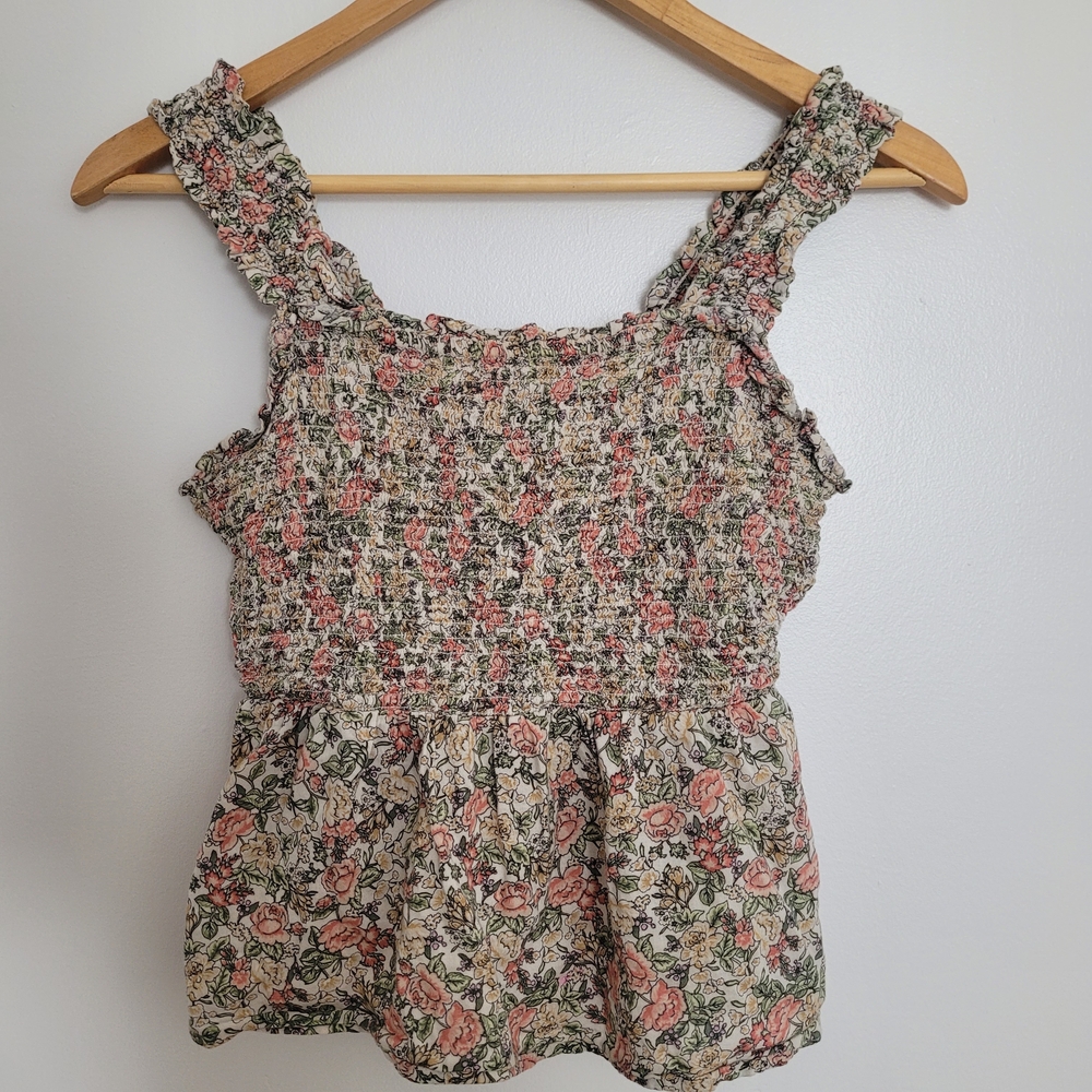 Old Navy Floral Smocked Blouse Ruffle Top Size S Flowy Cottagecore Cotton Boho